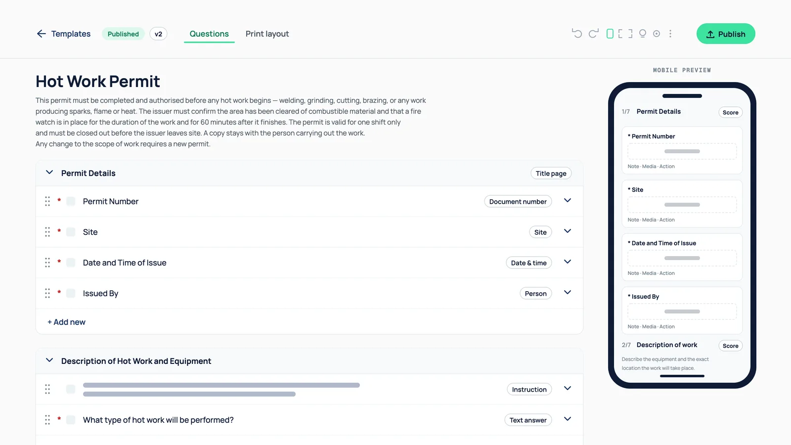 Forms builder in Questions mode for a hot work permit, with a live mobile preview alongside