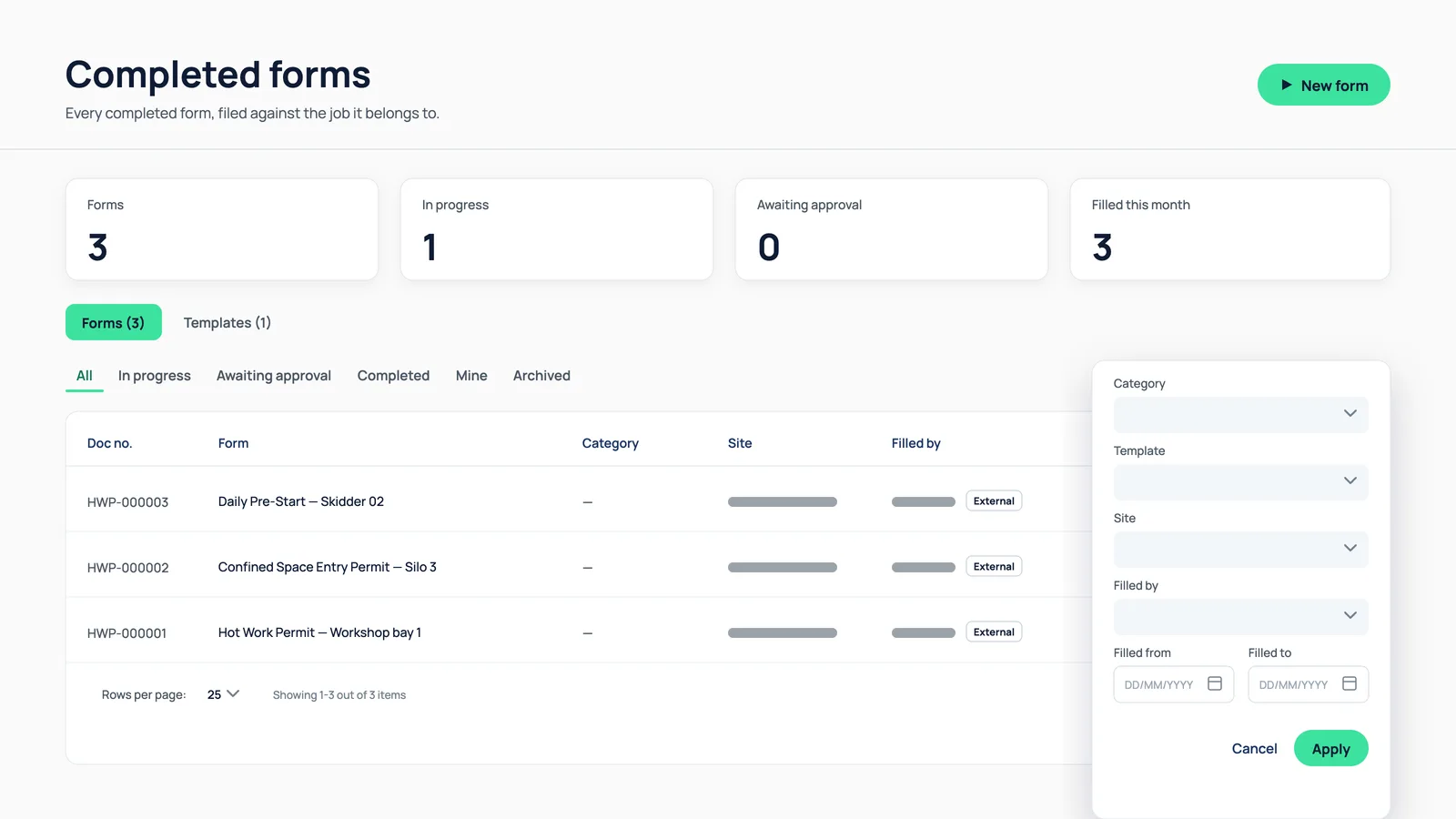 Completed forms register with the filter panel open for category, template, site, person and date