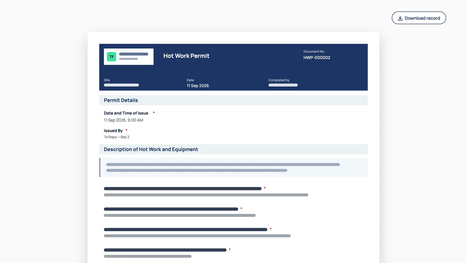 A completed hot work permit rendered as a PDF page, with document number, site, date and issuer in the header