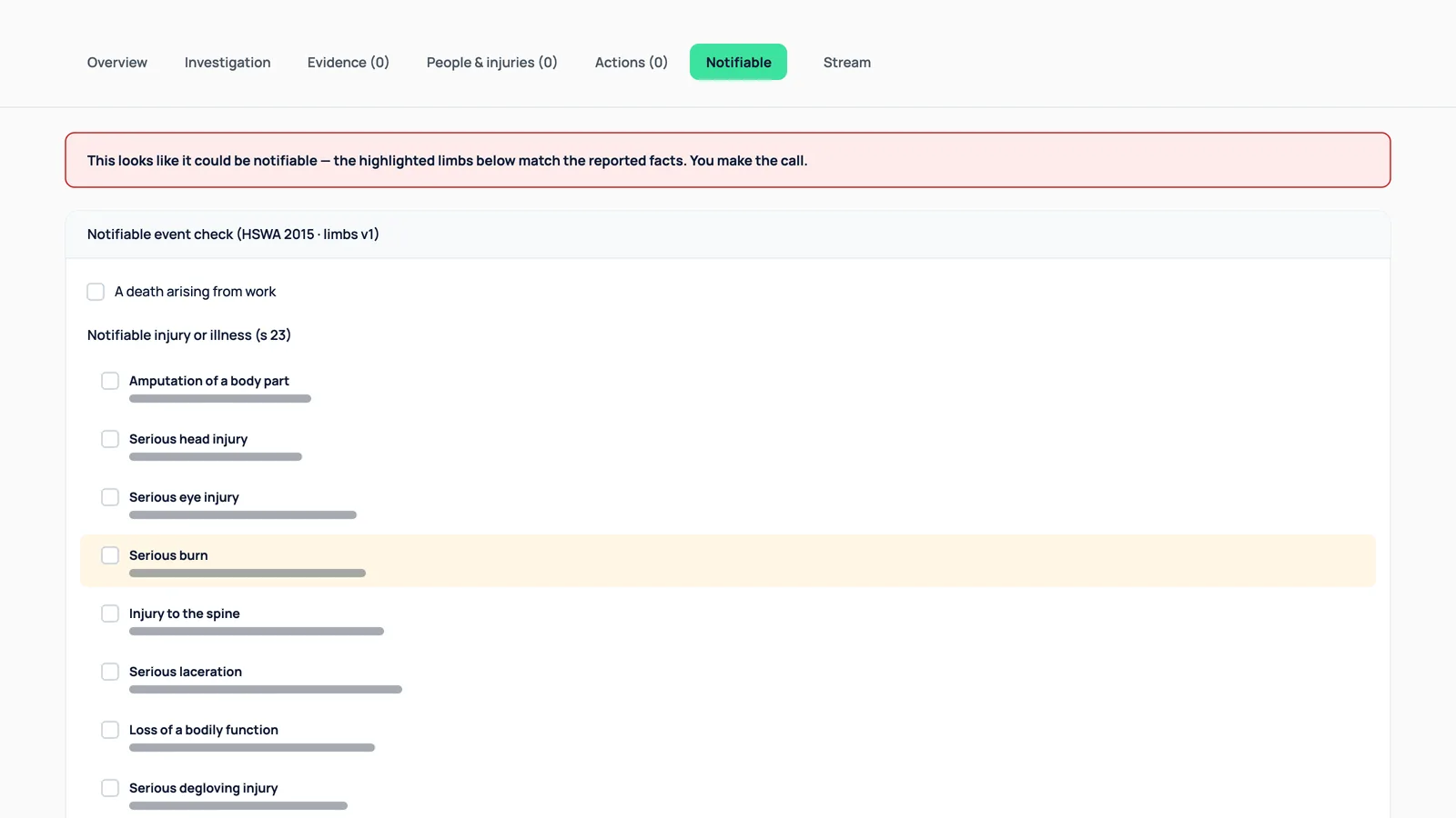 Notifiable event check on an incident, with a banner saying it looks like it could be notifiable and the HSWA criteria listed