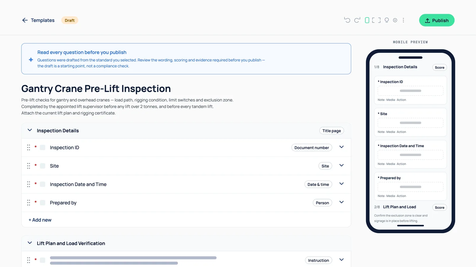HazNode template builder showing an AI-drafted gantry crane pre-lift inspection with a notice that the draft was written by the generator