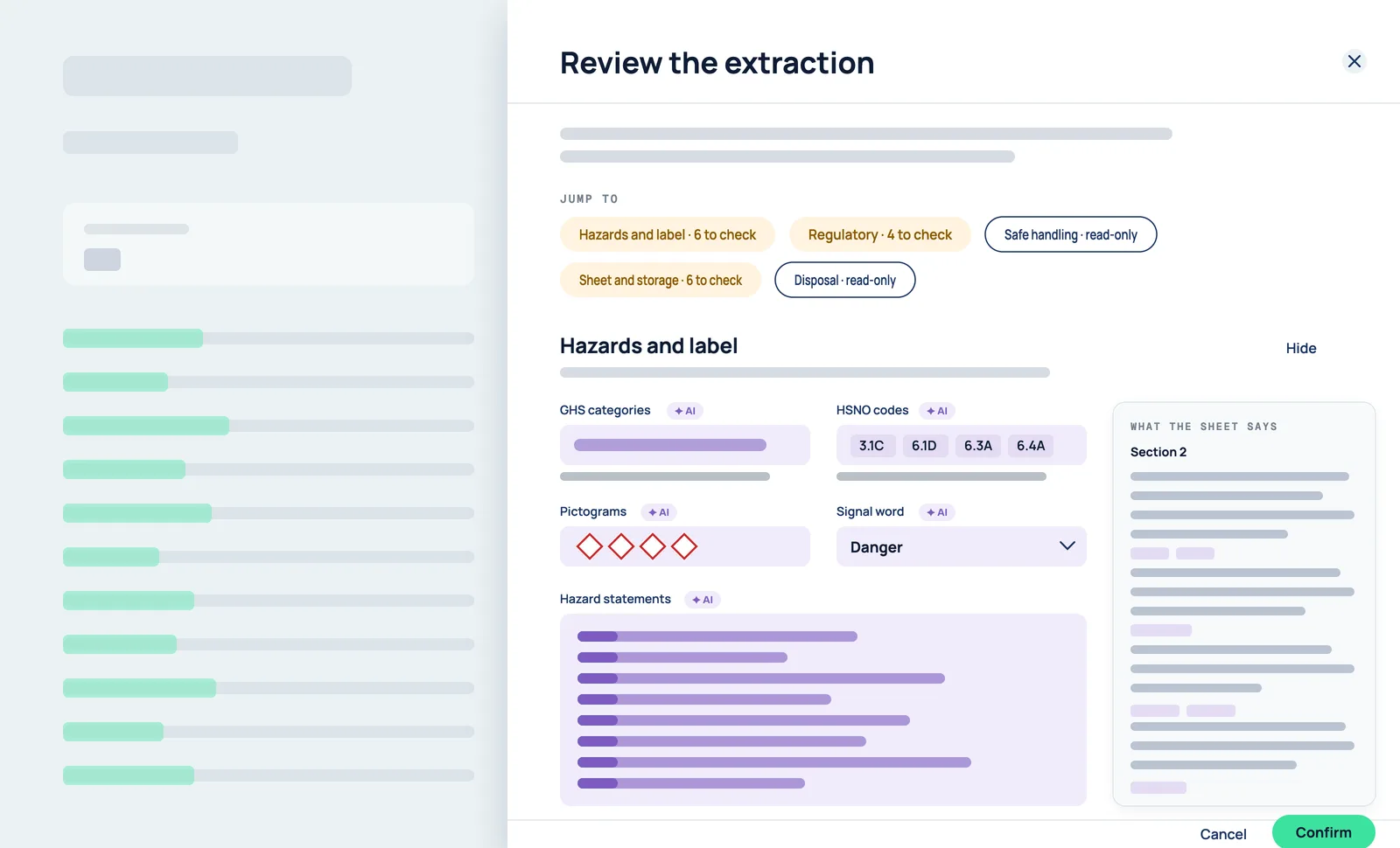 HazNode Safety — reviewing the fields read from an uploaded safety data sheet, over the hazardous substances register