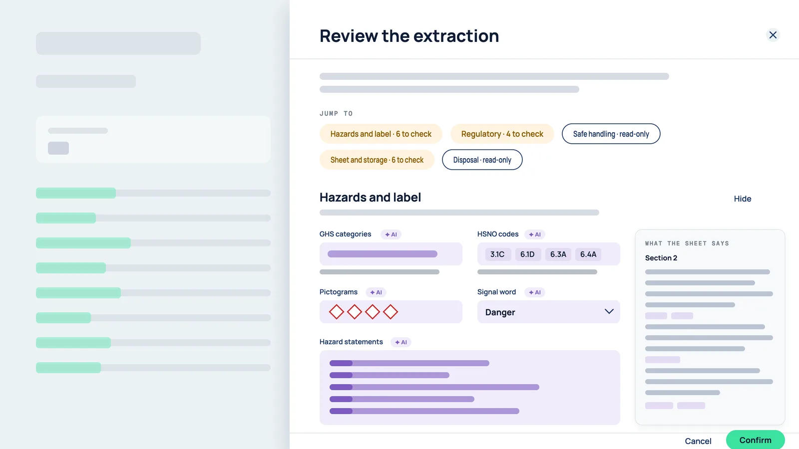 Review screen after uploading a safety data sheet: GHS categories, HSNO codes, pictograms, signal word and hazard statements extracted for confirmation, with the sheet text alongside